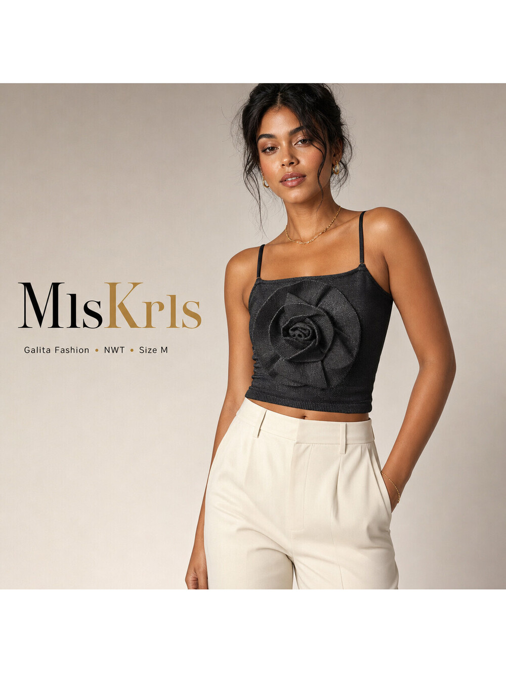 Galita Fashion Women’s M Black Metallic Rosette Flower Camisole Crop Top NWT